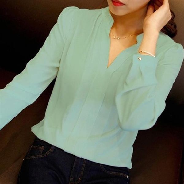 

spring autumn white blouses office shirts women v neck long sleeve chiffon blouse female ladies work wear 3 colors