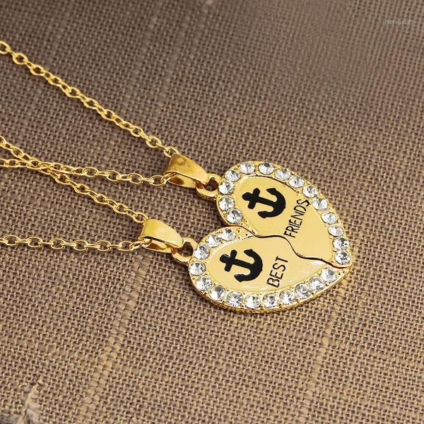 

2 pcs/set friends heart broken anchor symbol necklace friendship couple pendant chain necklace shiny zircon gold jewelry1, Silver