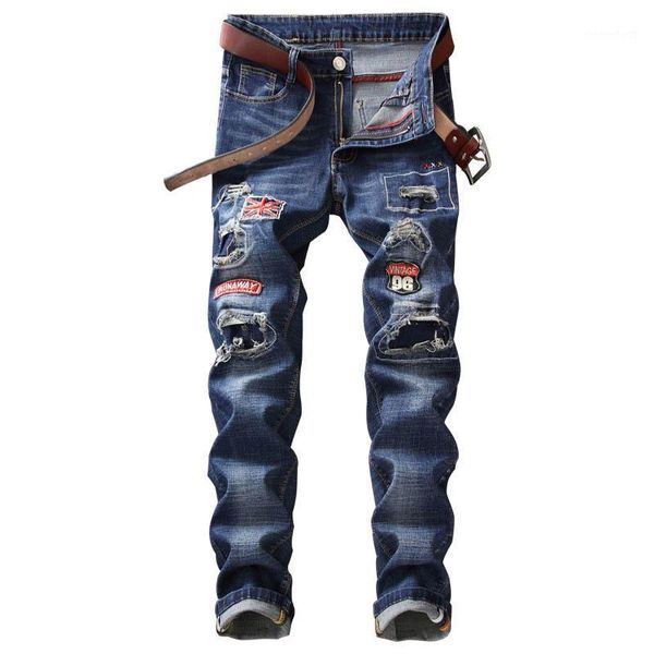 

mcikkny fashion men's ripped holes jeans pants washed patchwork stretch denim trousers male straight1, Blue