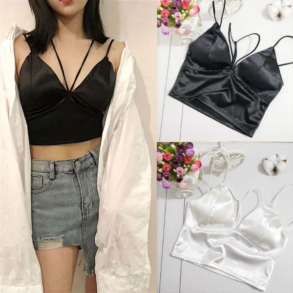 

2020 летней сатин crop tops женщина bralette бюстье бюстгальтер жилет рубашка v шеи дама топы черного белых рубашек женщина бретели, White