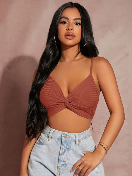 

sxy rib-knit twist front crop cami f9az#, White