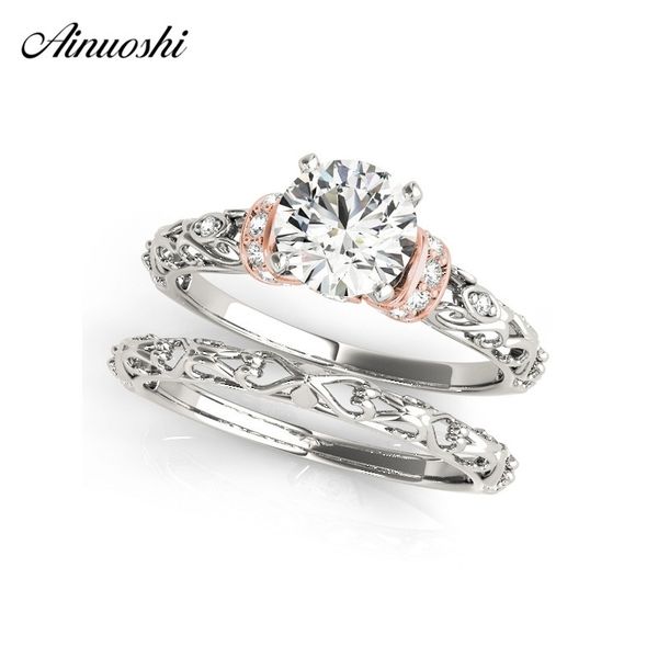 

ainuoshi 925 sterling silver lady wedding ring set women engagement anniversary round lovely bridal rings party jewelry gifts y200106, Slivery;golden