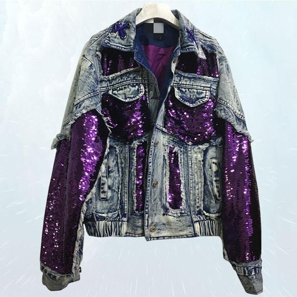 

thick sequins spliced thick denim jacket for women loose fashion harajuku bf short jean coat autumn female outwear sl0781, Black;brown