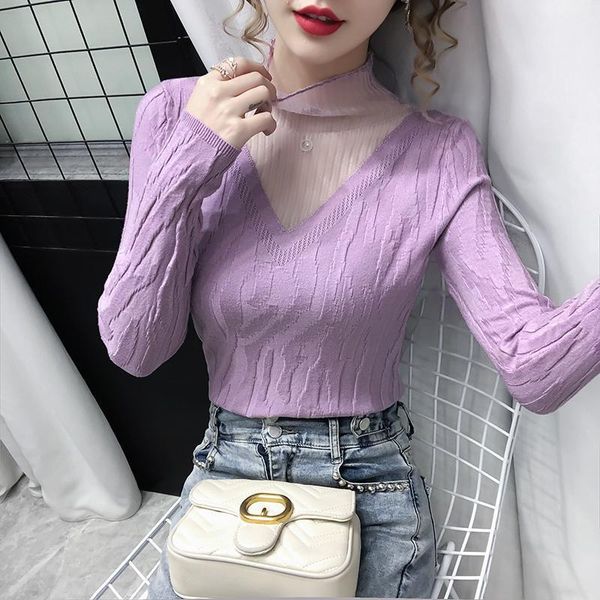 

women 2021 autumn winter pullovers female mesh sweaters fashion patchwork turtleneck long sleeve knit pull femme a546, White;black