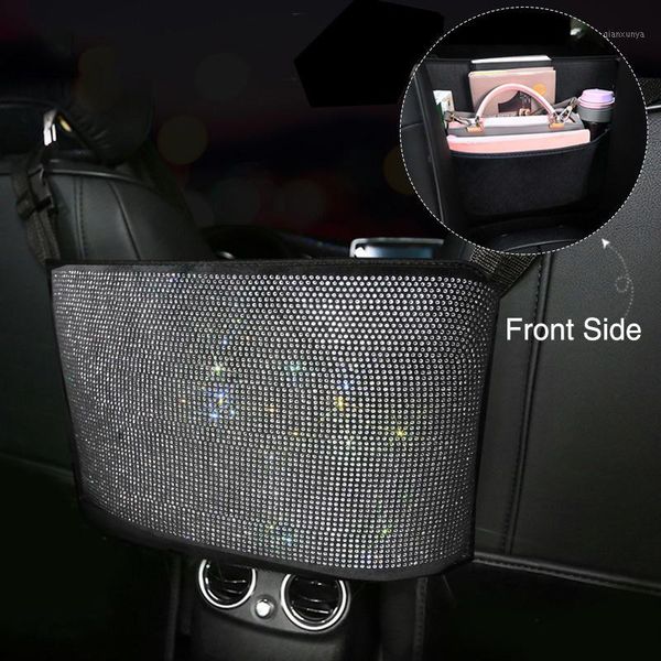 

fashion rhinestone car storage bag organizer seat back holder crystal diamond multi-pockets car backseat stowing tidying women1