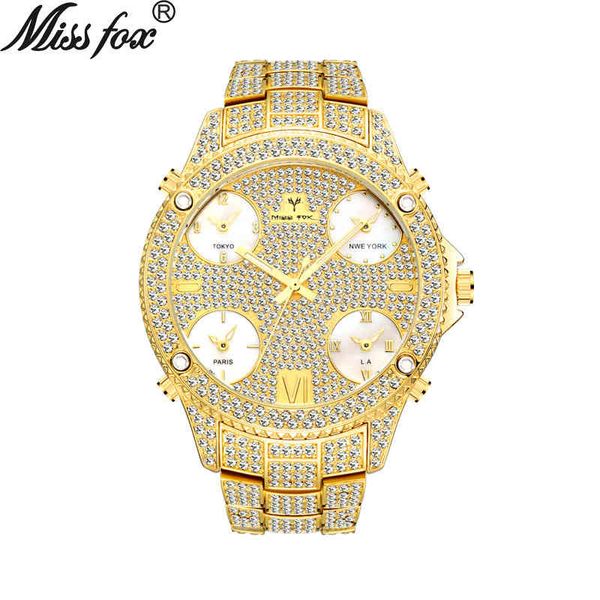 

selling men's full diamond watch marley missfox watch multi time zone personality full diamond hip hop, Slivery;brown