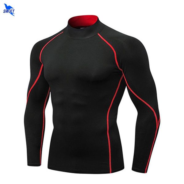 

new compression running shirt men stand collar elasticity t-shirts raglan long sleeve fitness quick drying gym sportswear, Black;blue