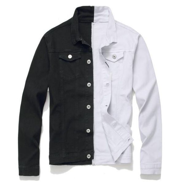 

men denim jackets spring autumn white black patchwork jeans streetwear stretch coats plus size single breasted outwears j3124, Black;brown