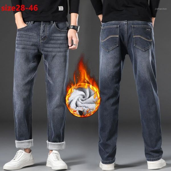

plus size 44 46 winter jeans men thicken fleece warm straight denim pants male classic business casual trousers black grey jeans1, Blue