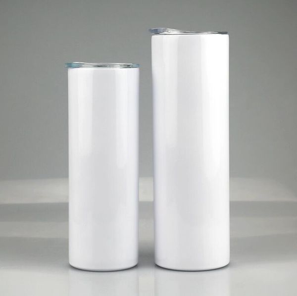 

20oz 30oz blank sublimation straight tumblers stainless steel blank white skinny cup with lid and plastic straw sea shipping cca12593
