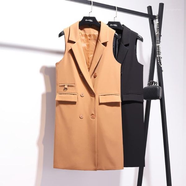 

women's vests [fashion] tide autumn and winter products fashion solid color lapel sleeveless long double-breasted vest jacket female pa, Black;white