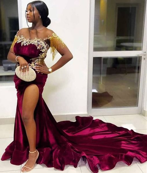 

2022 plus size arabic aso ebi burgundy mermaid prom dresses lace beaded velvet evening formal party second reception birthday gowns dress zj, Black