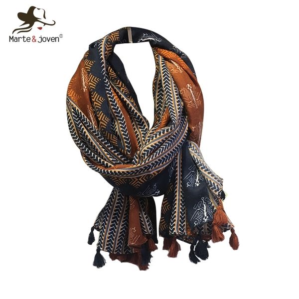

marte&joven retro geometric printing warm scarf shawls for women fashion tassels brown long wraps ladies spring autumn pashmina 201026, Blue;gray