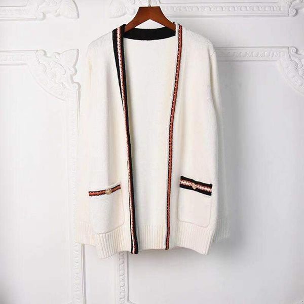 

2021spring and autumn new fashion new v-neck long sleeve buttonless knitted red, blue and white striped wool knitted cardigan jacket s, White;black