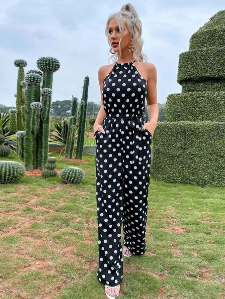 

eilly bazar polka dot slant pockets cut out tie back jumpsuit w5re#, White