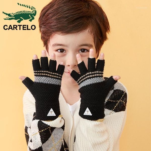 

cartelo children' half-finger gloves autumn and winter windproof and long fingerless gloves simple striped knitted warm1, Blue;gray