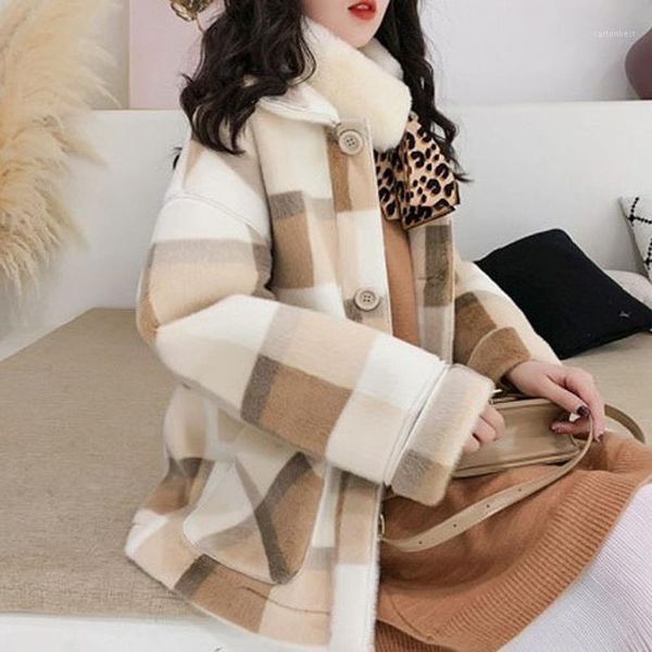 

women's fur & faux female winter lamb woolen coat ladies loose warm plaid furry fashion all-match jacket lr851, Black