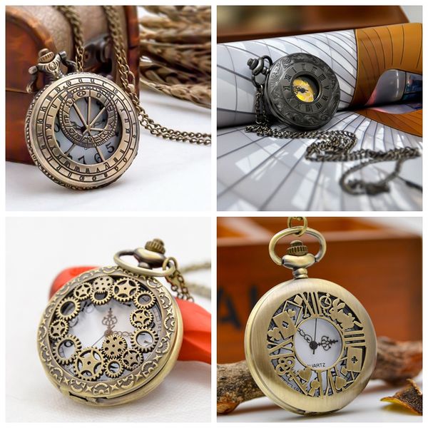 

4 style new large 47mm antique engraved wheel quartz pocket watch necklace vintage jewelry fashion watch korean version sweater chain watch, Slivery;golden