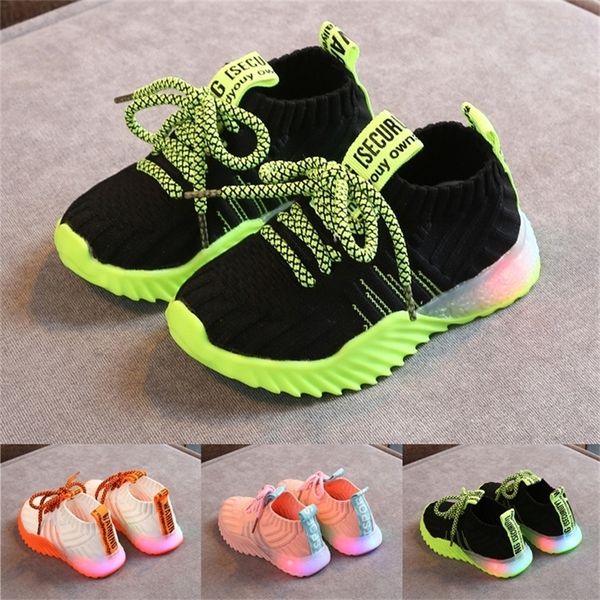 

kids children baby girls boys mesh led luminous sport sneakers sapato infantil light up shoes 1-6years y201028
