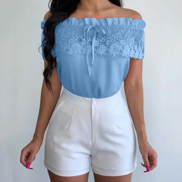 

summer women's shirt solid color word collar strapless lace short-sleeved fashion wild t-shirt, White