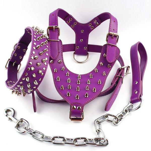 

purple adjustable cool spiked studded leather dog harness collar leash set for large dog pitbull boxer mastiff amstaf sqcley