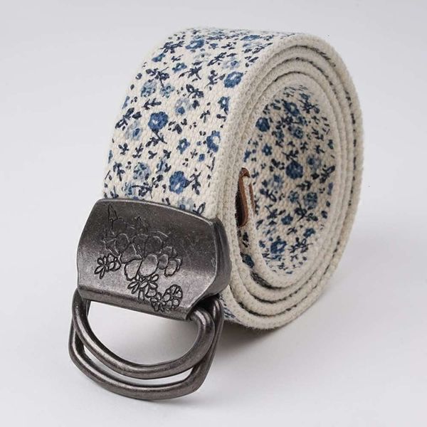 

new british women's cotton blue small floral canvas summer double buckle versatile belt, Black;brown