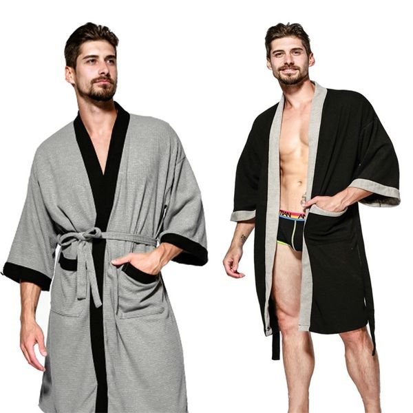 

men's bath robe cotton waffle plaid kimono bathrobe steaming sauna mens robes long sleepwear night spring autumn home clothes 201109, Black;brown