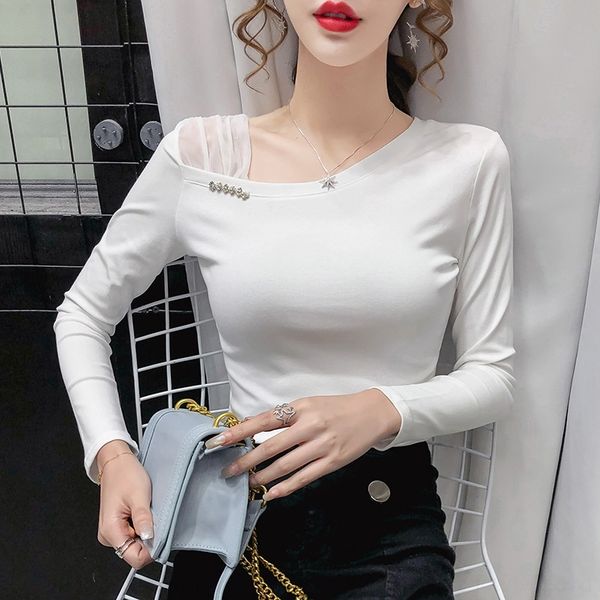 

uum4h 2020 autumn new number version design sense small korean of slant collarshoulder coat stitching t-shirt mesh long t-shirt sleev, White