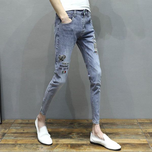

2020 denim jeans men slim feet stretch youth hair stylist pants thin leg trousers eagle embroidery skinny jeans pencil pants, Blue
