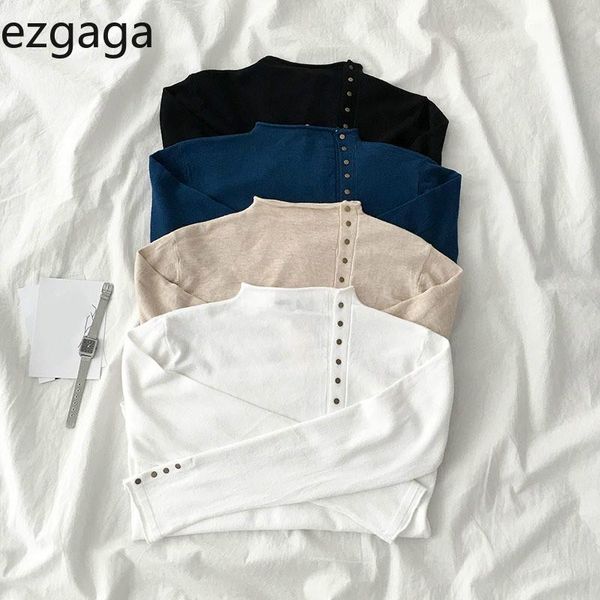 

ezgaga knit women autumn new half turtleneck long sleeve pullover fresh button thin sweater korea style base fashion, White;black