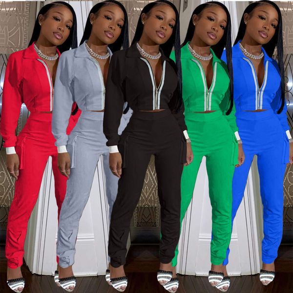 

explosive fashion casual solid color pocket sports suit two-piece suit, White