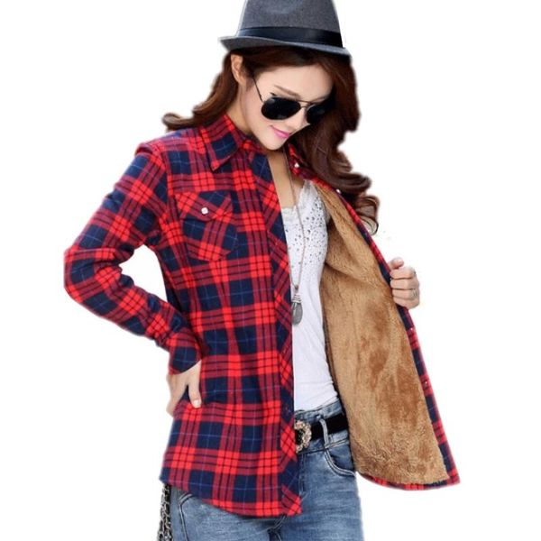 

2020 new plus size women velvet warm plaid shirts female long sleeve winter pockets check blouses femininas blusas chemise, White