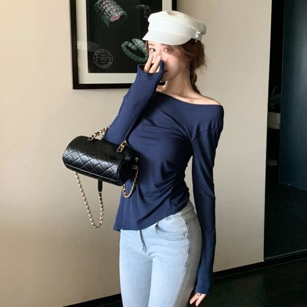 

mplvm net 2020 new t- red t-shirt shirt open sleeve one word collar long back temperament slim show thin bottoming women's mwjvn, White