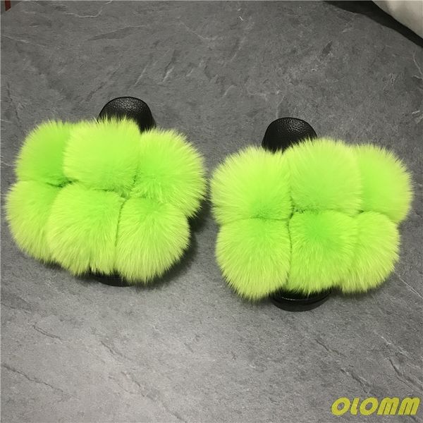

summer fluffy fur slippers women shoes raccoon fur slides real fox fur flip flop flat outdoor slippers casual female plush shoes x1020, Black