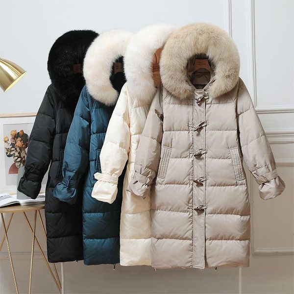 

new winter down jacket female long 2021 new han edition thickening fashion over-the-knee 90 white duck down jacket, Black