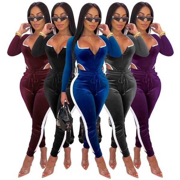 

women v neck jumpsuits solid color velvet rompers fashion clubwear plus size onesie long sleeve bodysuit bodycon one piece pants 4419, Black;white