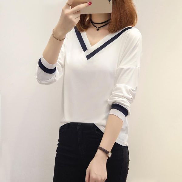 

моды с длинным рукавом футболка женщины лоскутной простого тройником корейского stuents v-образный вырез сыпучей основной майкой весна осень, White