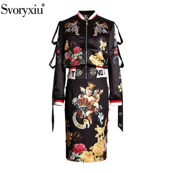 

svoryxiu vintage angel flower print black skirt suit women's fashion runway autumn winter two piece set new 201130, White