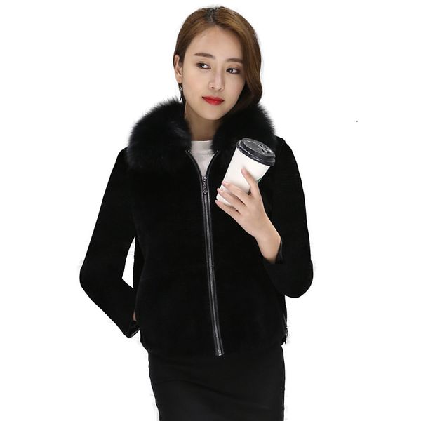 

2021 winter autumn women overcoat new faux sheep sheared jackets gaodang warm mink plush fur collar solid coat outwear a1k9, Black