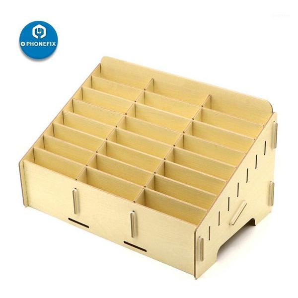 

24 grid deskphone screen storage box wooden phone holder mobile repair organizer school office stationery supplies1
