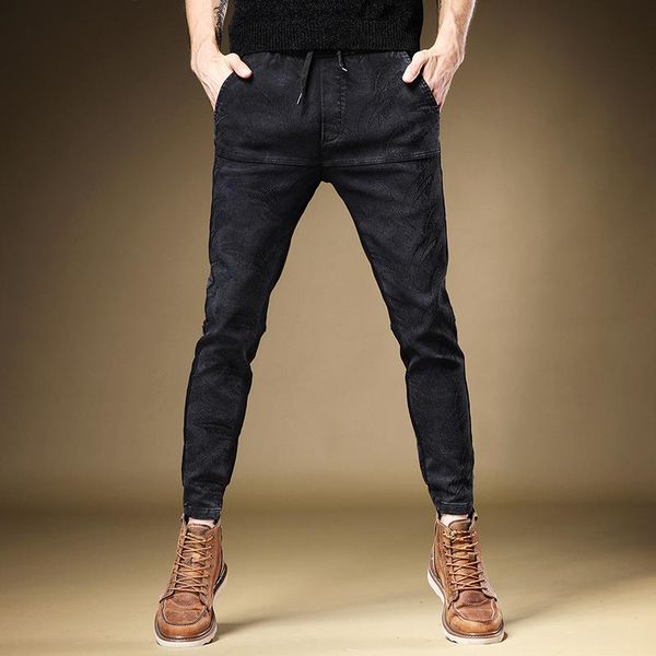 

fashion feather pattern jeans men slim fit pencil pants streetwear black elastic waist joggers, Blue
