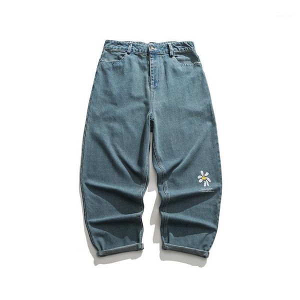 

men streetwear blue jeans autumn women fashion japanese style straight pants male daisy printed denim pants couple clothing1