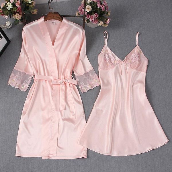 

women's sleepwear spring and summer silk-like sling nightgown two-piece suit housecoats sleep wear women dress lounge set, Black;red