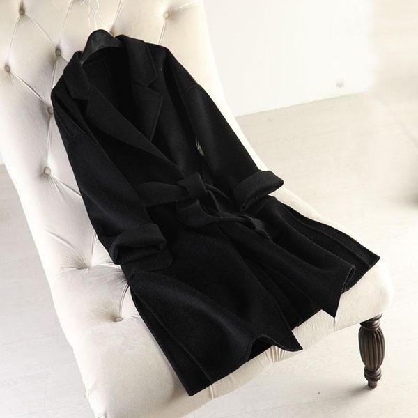 

new 2020 women 100% wool coats solid drop-shoulder double-sided cashmere coat female belt black show slim women long wool coat1