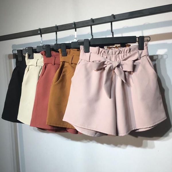 

2018 new summer autumn fashion elastic sashes high waist shorts women vintage wide leg shorts solid thin bow female shorts mw204, White;black