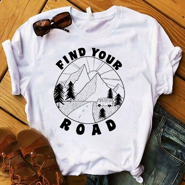 

women lady t shirt find your road printed tshirt ladies short sleeve loose tee shirt women female clothes graphic t shirt, White