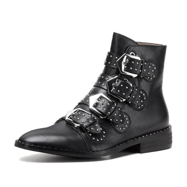 

фирменное наименование натуральной кожи заклепки ботильоны женщина скольжение на сексуальном motorcycle boots дама пряжка металла большого р, Black
