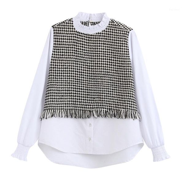 

rr tweed patchwork tshirts women fashion casual o neck women elegant tassel long sleeve tees female ladies kw1, White