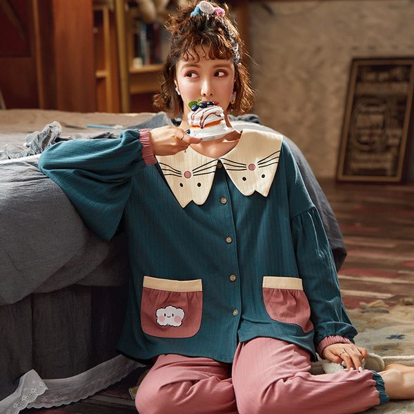 

nightwa women pajamas autumn long sleeve cotton sleepwear sweet cute princess style outdoor women homewear sleep lounge 201113, Black;red