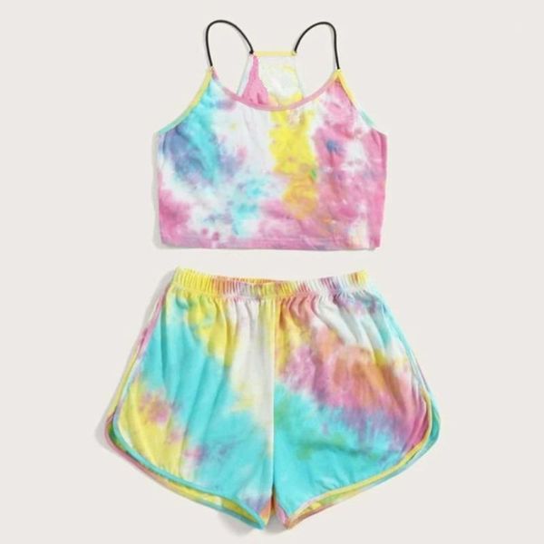 

38# womens sleeveless strappy short tie-dye print cami belt and pants suit two piece set fashion 2 piece set sleeveless1, White;red